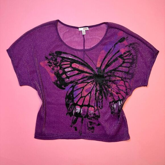 Y2K Bongo purple sheer mesh sparkle top with butterfly graphic🎀 - Picture 1 of 7
